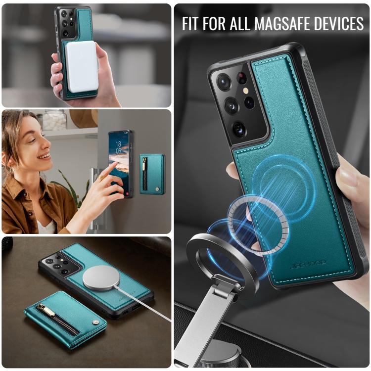 For Samsung Galaxy S21 Ultra 5G JEEHOOD J12 Exquisite RFID MagSafe Zipper Card Bag Phone Case