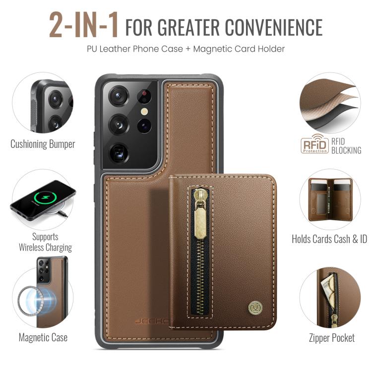For Samsung Galaxy S21 Ultra 5G JEEHOOD J12 Exquisite RFID MagSafe Zipper Card Bag Phone Case