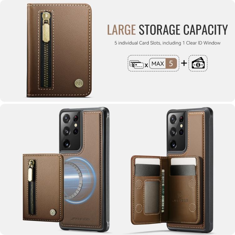 For Samsung Galaxy S21 Ultra 5G JEEHOOD J12 Exquisite RFID MagSafe Zipper Card Bag Phone Case
