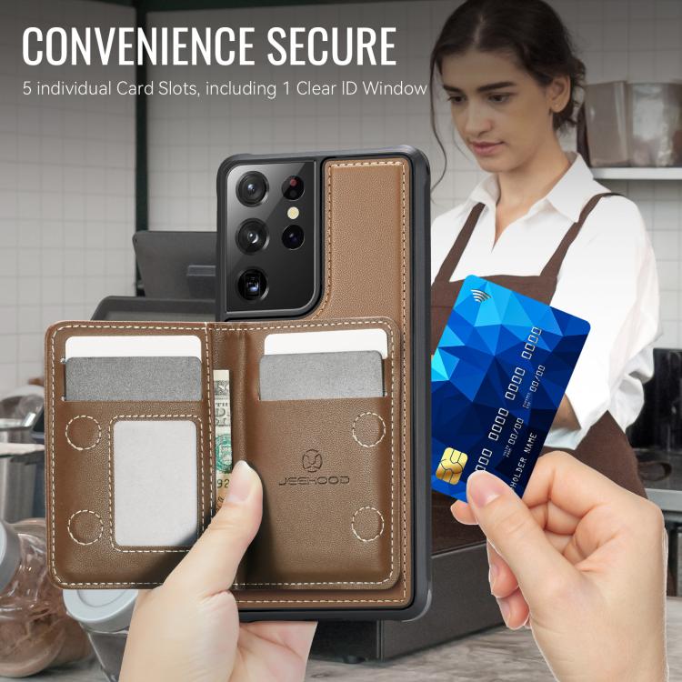 For Samsung Galaxy S21 Ultra 5G JEEHOOD J12 Exquisite RFID MagSafe Zipper Card Bag Phone Case