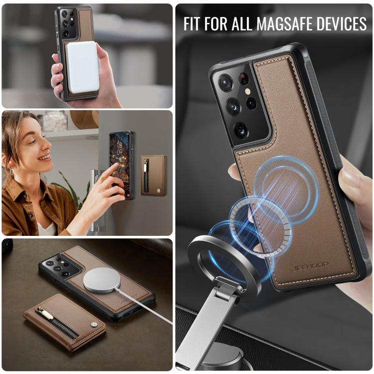 For Samsung Galaxy S21 Ultra 5G JEEHOOD J12 Exquisite RFID MagSafe Zipper Card Bag Phone Case