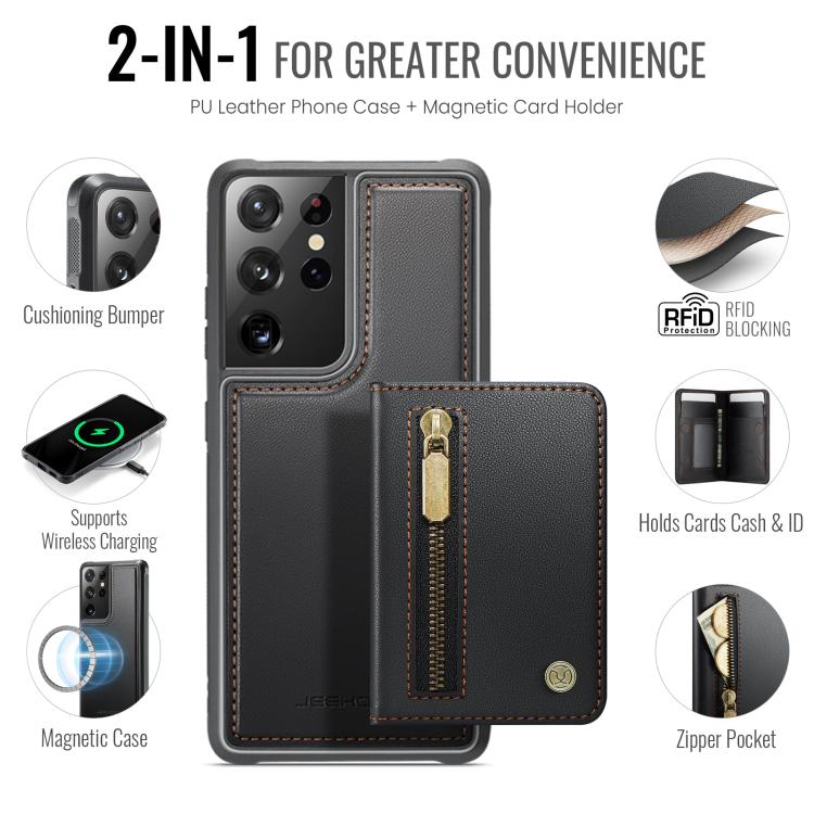 For Samsung Galaxy S21 Ultra 5G JEEHOOD J12 Exquisite RFID MagSafe Zipper Card Bag Phone Case