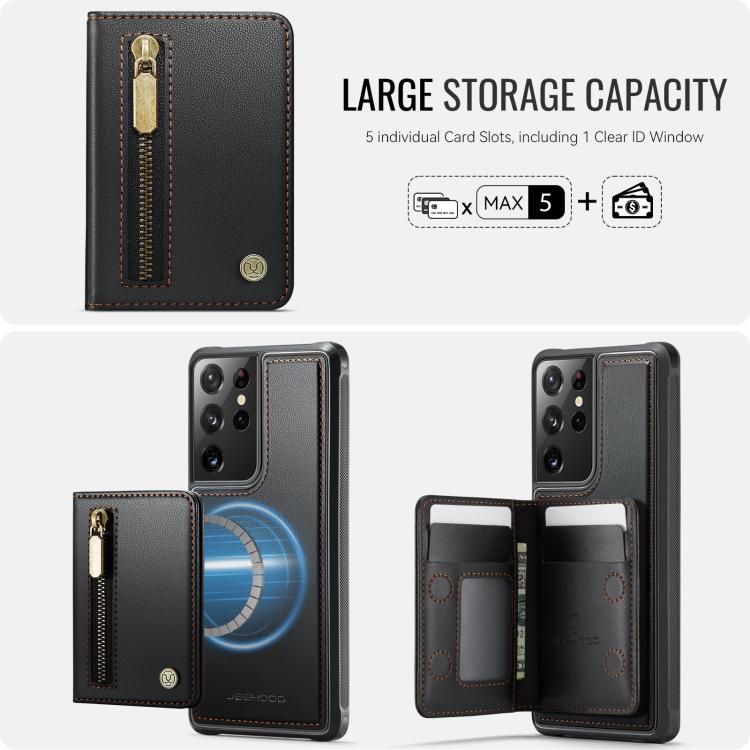 For Samsung Galaxy S21 Ultra 5G JEEHOOD J12 Exquisite RFID MagSafe Zipper Card Bag Phone Case
