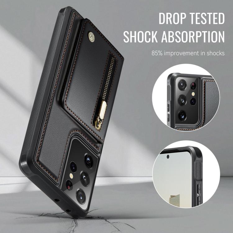 For Samsung Galaxy S21 Ultra 5G JEEHOOD J12 Exquisite RFID MagSafe Zipper Card Bag Phone Case