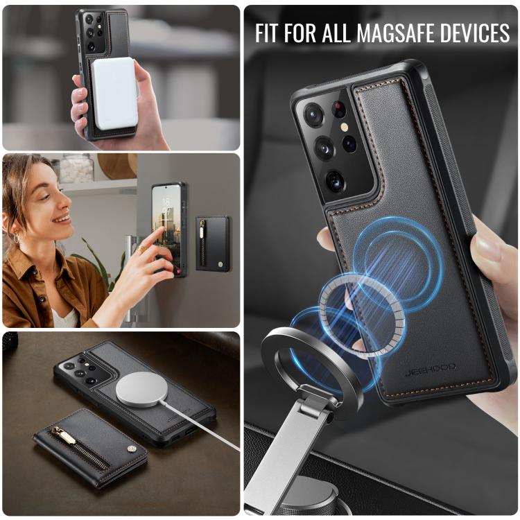 For Samsung Galaxy S21 Ultra 5G JEEHOOD J12 Exquisite RFID MagSafe Zipper Card Bag Phone Case