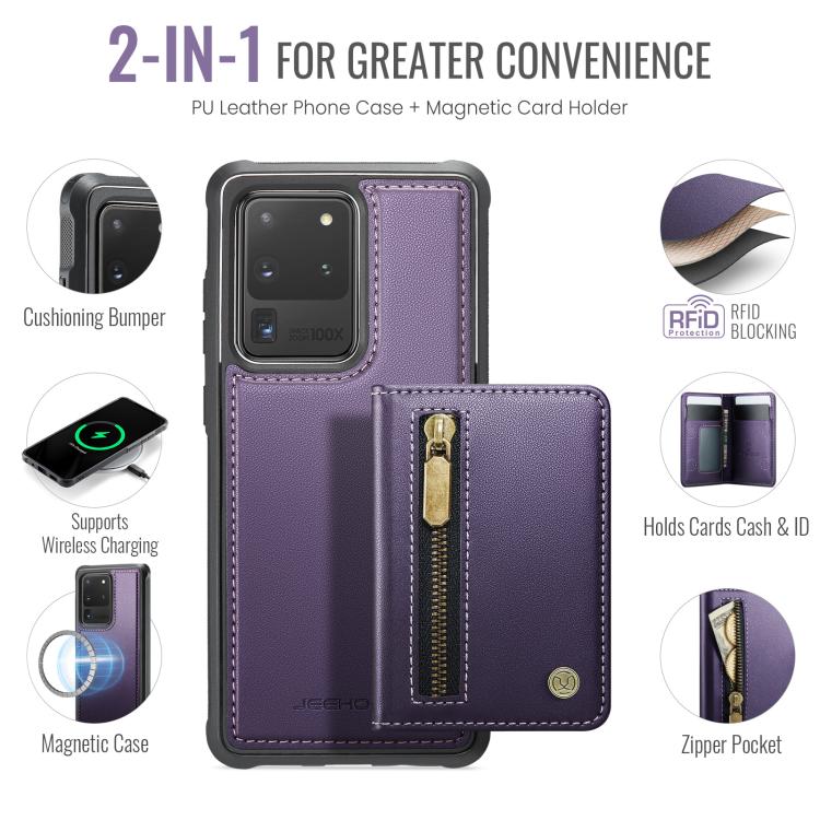 For Samsung Galaxy S20 Ultra 5G JEEHOOD J12 Exquisite RFID MagSafe Zipper Card Bag Phone Case