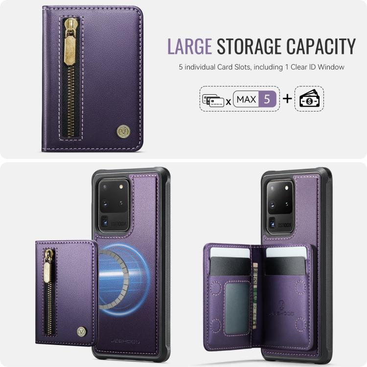 For Samsung Galaxy S20 Ultra 5G JEEHOOD J12 Exquisite RFID MagSafe Zipper Card Bag Phone Case