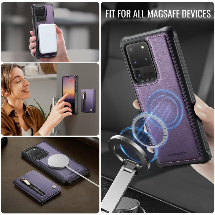 For Samsung Galaxy S20 Ultra 5G JEEHOOD J12 Exquisite RFID MagSafe Zipper Card Bag Phone Case