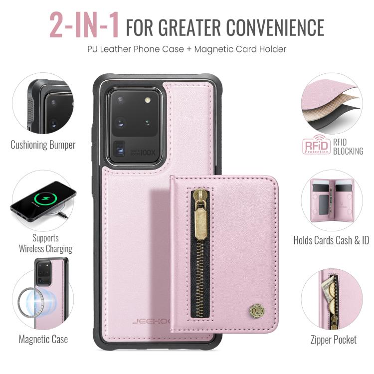 For Samsung Galaxy S20 Ultra 5G JEEHOOD J12 Exquisite RFID MagSafe Zipper Card Bag Phone Case