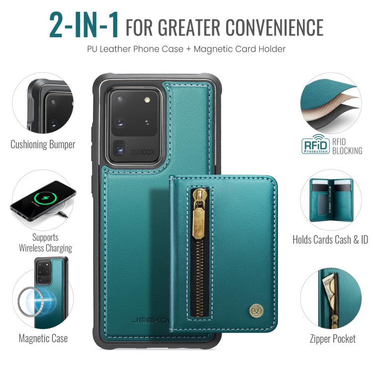 For Samsung Galaxy S20 Ultra 5G JEEHOOD J12 Exquisite RFID MagSafe Zipper Card Bag Phone Case
