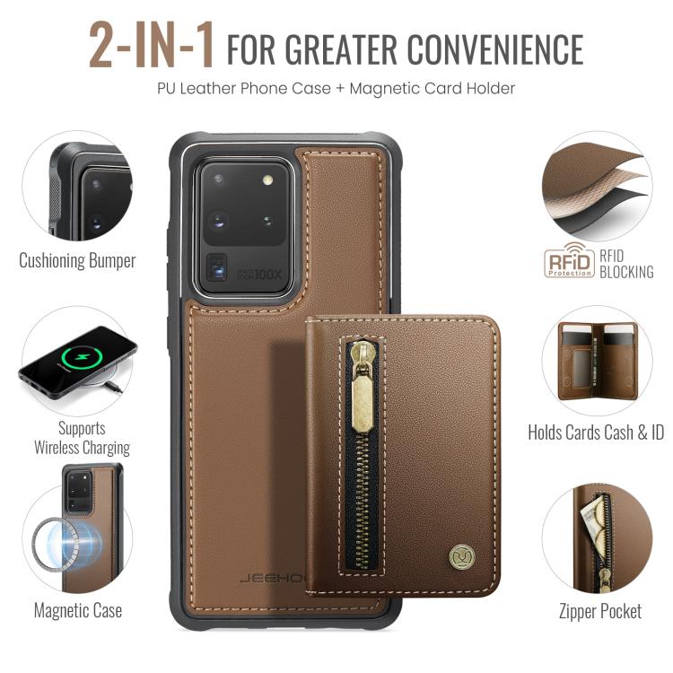 For Samsung Galaxy S20 Ultra 5G JEEHOOD J12 Exquisite RFID MagSafe Zipper Card Bag Phone Case