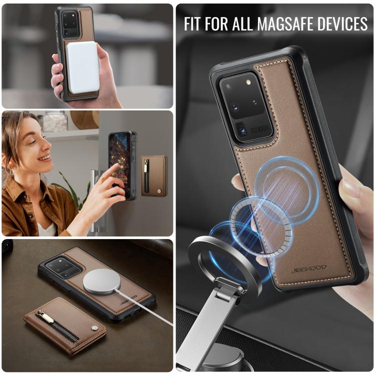 For Samsung Galaxy S20 Ultra 5G JEEHOOD J12 Exquisite RFID MagSafe Zipper Card Bag Phone Case