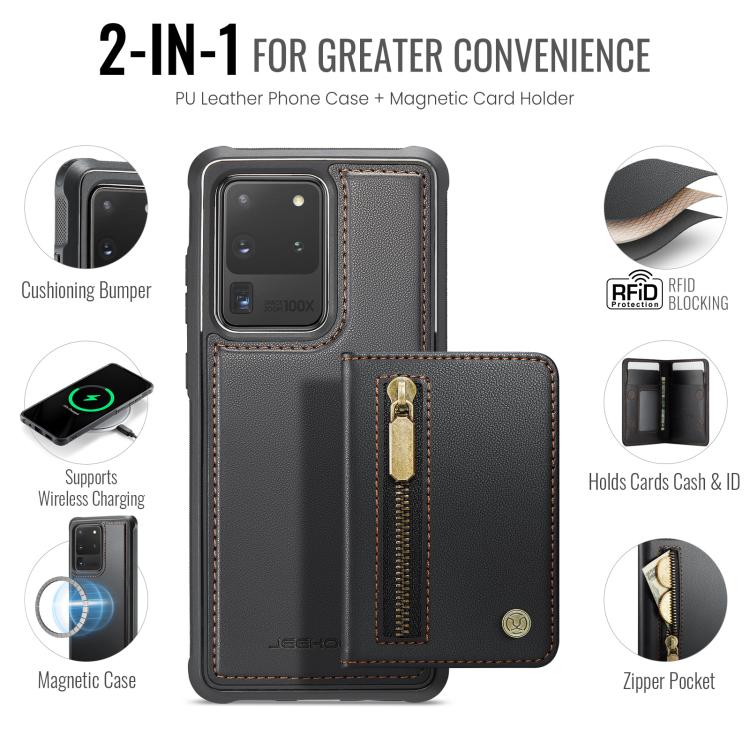 For Samsung Galaxy S20 Ultra 5G JEEHOOD J12 Exquisite RFID MagSafe Zipper Card Bag Phone Case