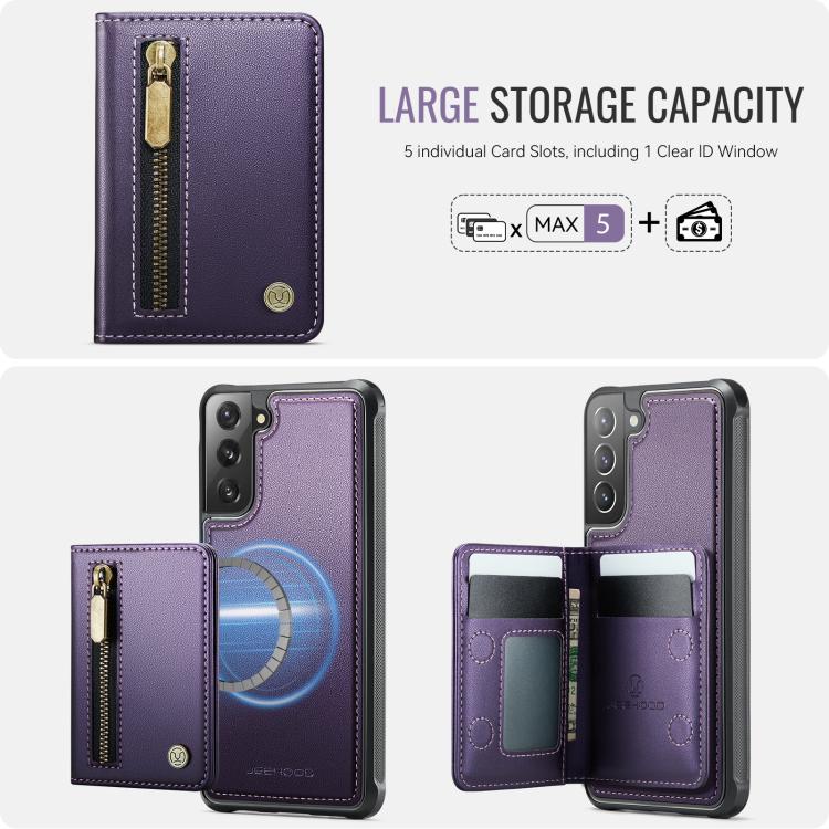 For Samsung Galaxy S21 5G JEEHOOD J12 Exquisite RFID MagSafe Zipper Card Bag Phone Case