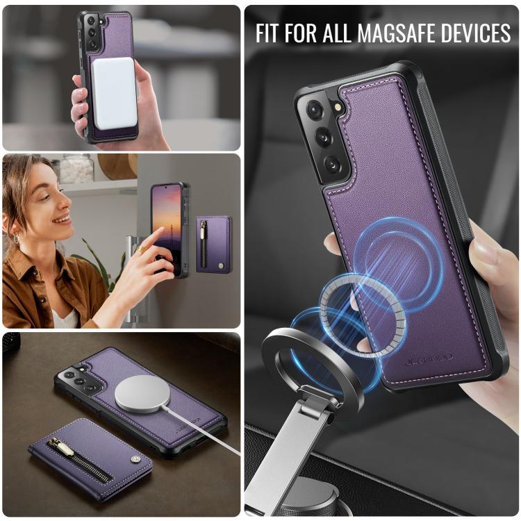 For Samsung Galaxy S21 5G JEEHOOD J12 Exquisite RFID MagSafe Zipper Card Bag Phone Case