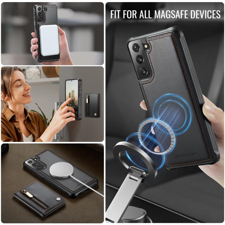 For Samsung Galaxy S21 5G JEEHOOD J12 Exquisite RFID MagSafe Zipper Card Bag Phone Case