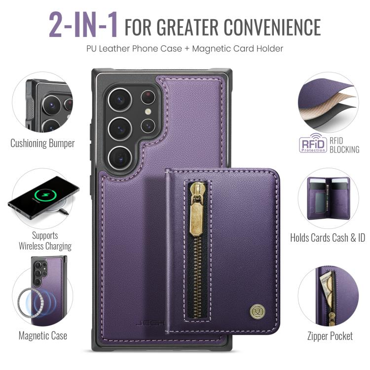 For Samsung Galaxy S22 Ultra 5G JEEHOOD J12 Exquisite RFID MagSafe Zipper Card Bag Phone Case