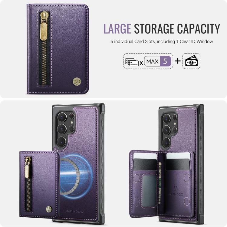 For Samsung Galaxy S22 Ultra 5G JEEHOOD J12 Exquisite RFID MagSafe Zipper Card Bag Phone Case