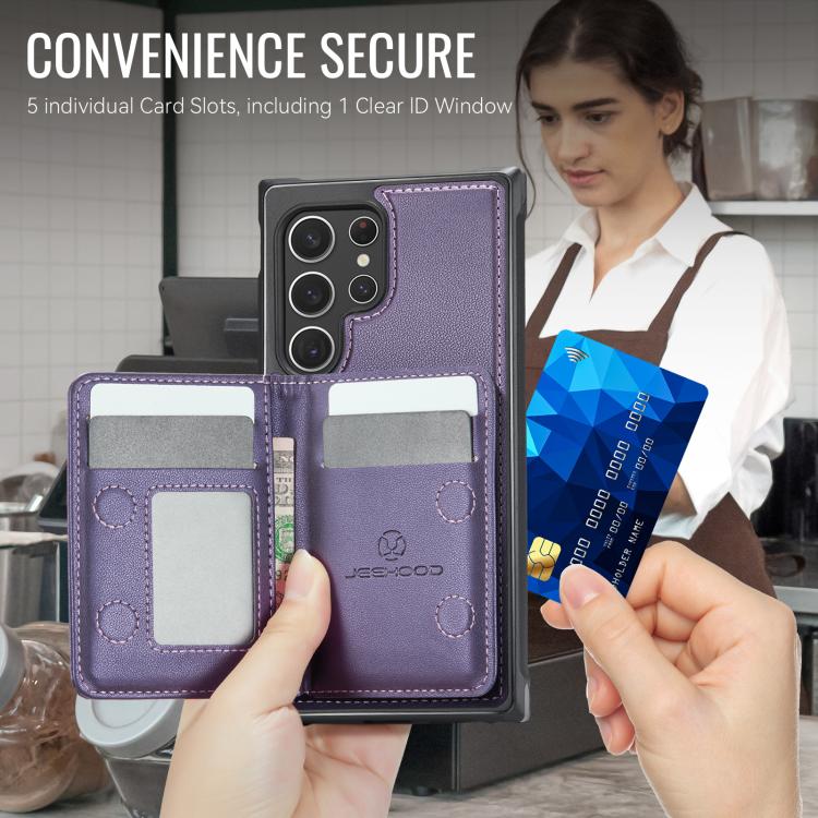 For Samsung Galaxy S22 Ultra 5G JEEHOOD J12 Exquisite RFID MagSafe Zipper Card Bag Phone Case