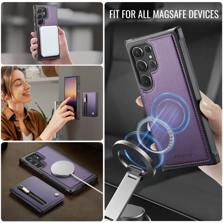 For Samsung Galaxy S22 Ultra 5G JEEHOOD J12 Exquisite RFID MagSafe Zipper Card Bag Phone Case