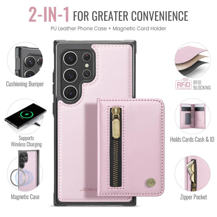 For Samsung Galaxy S22 Ultra 5G JEEHOOD J12 Exquisite RFID MagSafe Zipper Card Bag Phone Case