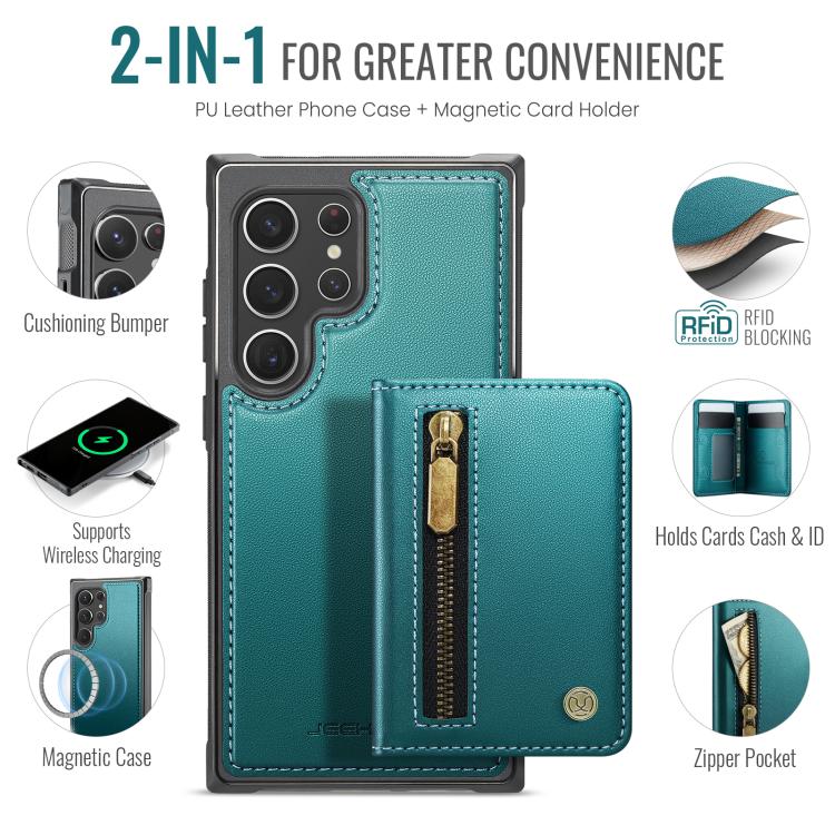 For Samsung Galaxy S22 Ultra 5G JEEHOOD J12 Exquisite RFID MagSafe Zipper Card Bag Phone Case
