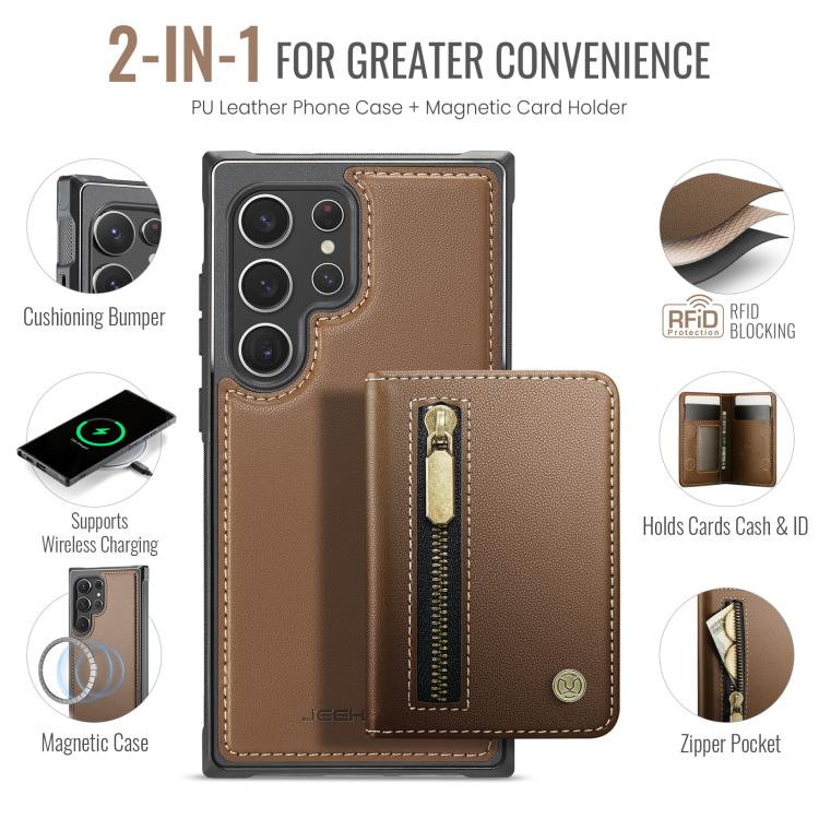 For Samsung Galaxy S22 Ultra 5G JEEHOOD J12 Exquisite RFID MagSafe Zipper Card Bag Phone Case