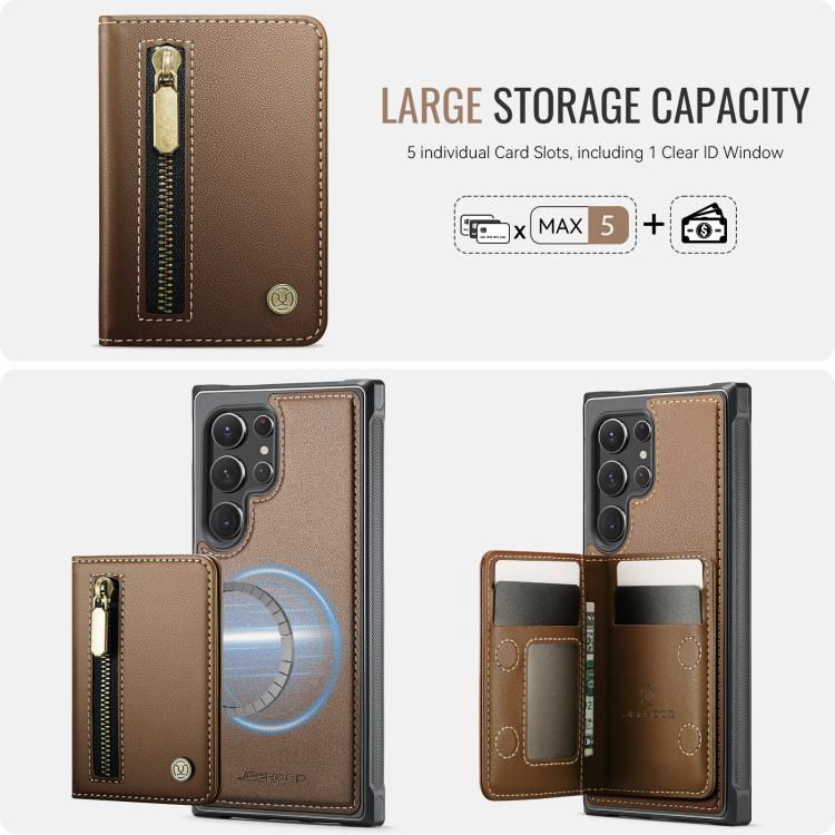 For Samsung Galaxy S22 Ultra 5G JEEHOOD J12 Exquisite RFID MagSafe Zipper Card Bag Phone Case