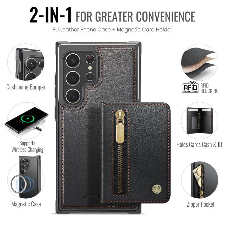 For Samsung Galaxy S22 Ultra 5G JEEHOOD J12 Exquisite RFID MagSafe Zipper Card Bag Phone Case