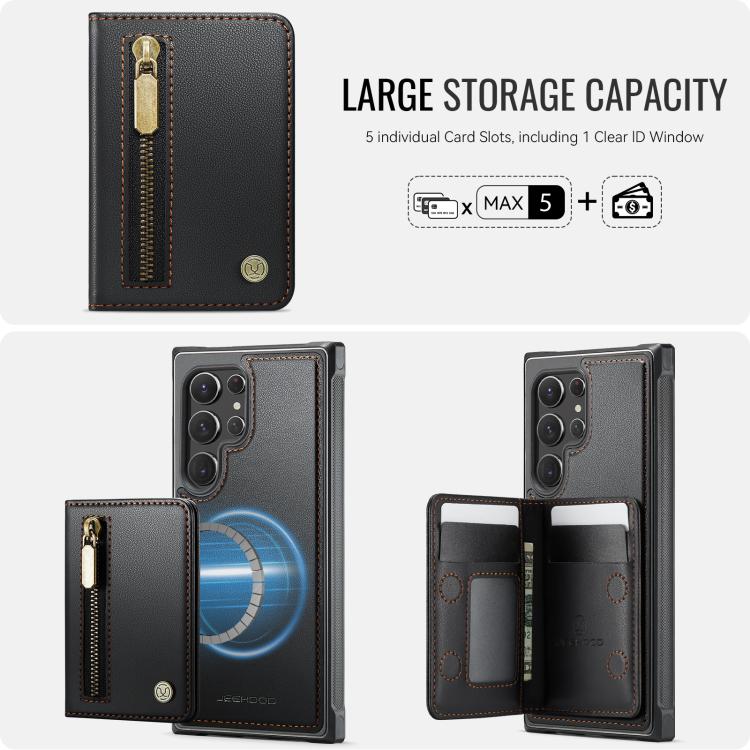 For Samsung Galaxy S22 Ultra 5G JEEHOOD J12 Exquisite RFID MagSafe Zipper Card Bag Phone Case
