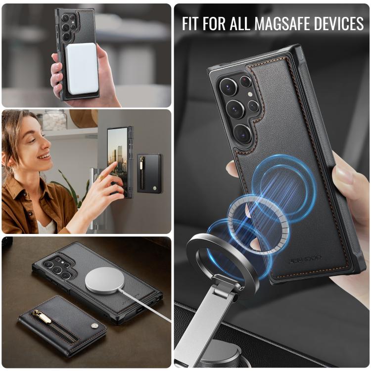 For Samsung Galaxy S22 Ultra 5G JEEHOOD J12 Exquisite RFID MagSafe Zipper Card Bag Phone Case
