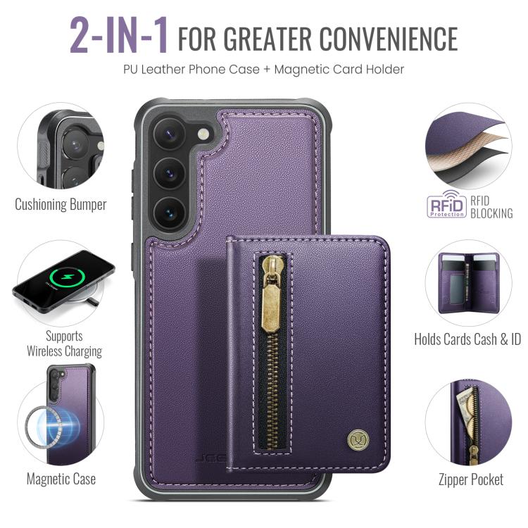 For Samsung Galaxy S23 5G JEEHOOD J12 Exquisite RFID MagSafe Zipper Card Bag Phone Case
