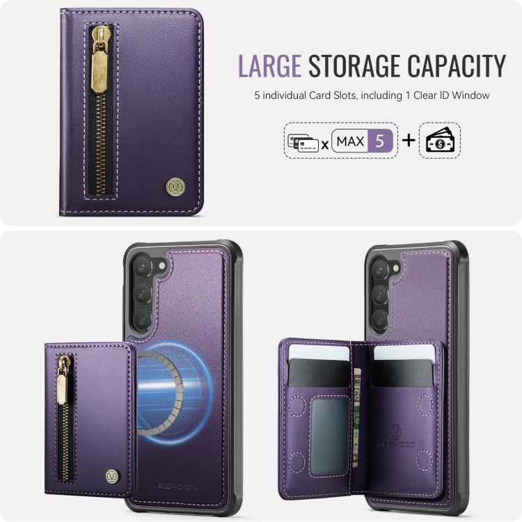 For Samsung Galaxy S23 5G JEEHOOD J12 Exquisite RFID MagSafe Zipper Card Bag Phone Case