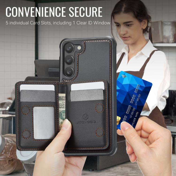 For Samsung Galaxy S23 5G JEEHOOD J12 Exquisite RFID MagSafe Zipper Card Bag Phone Case