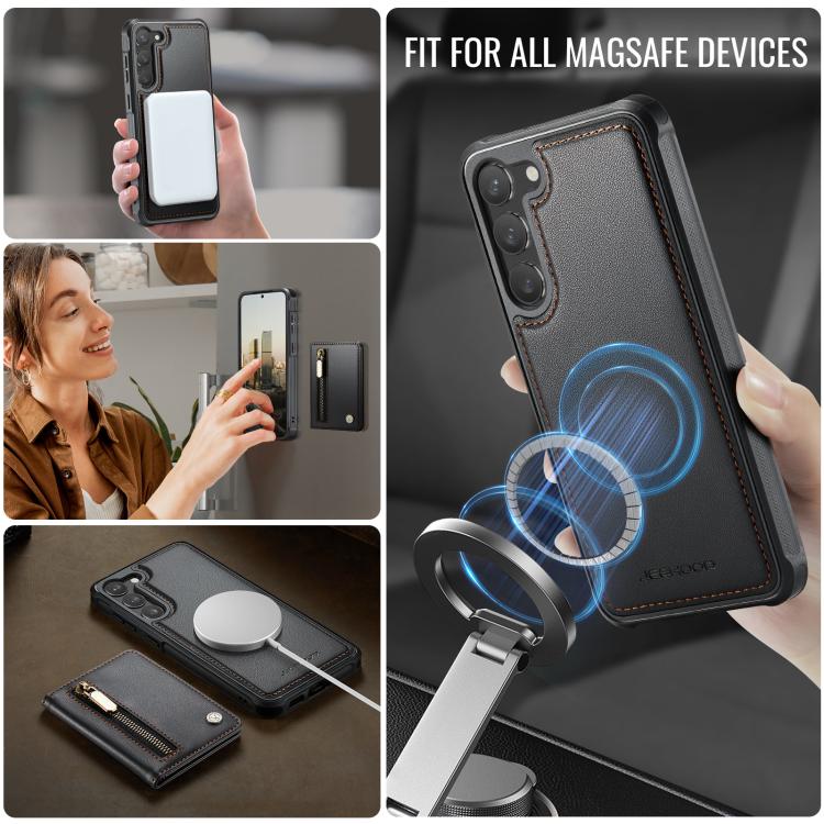 For Samsung Galaxy S23 5G JEEHOOD J12 Exquisite RFID MagSafe Zipper Card Bag Phone Case
