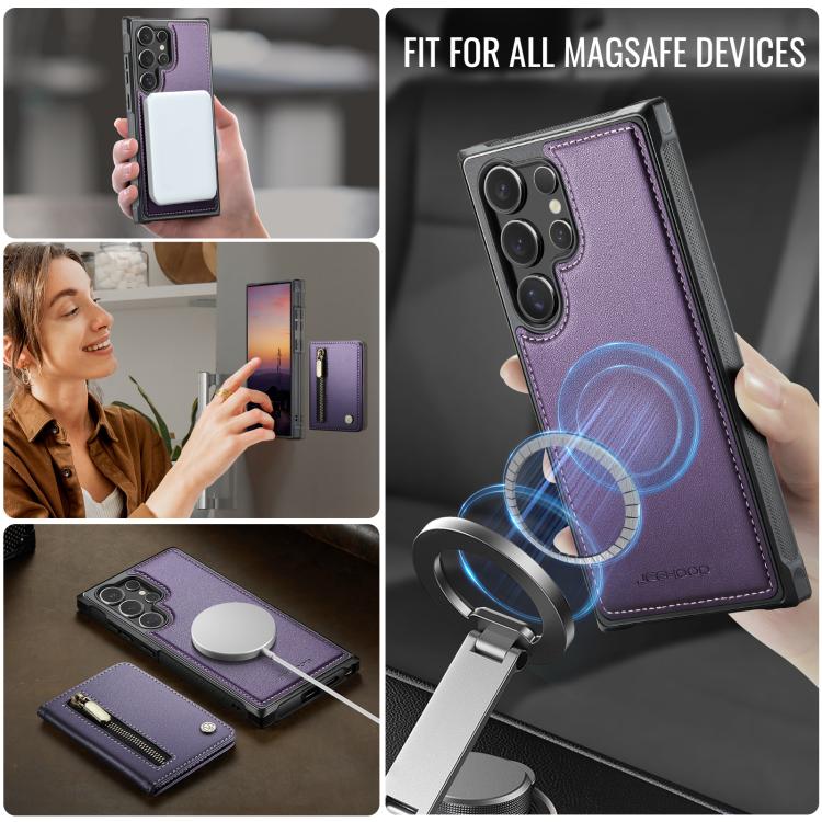 For Samsung Galaxy S25 Ultra 5G JEEHOOD J12 Exquisite RFID MagSafe Zipper Card Bag Phone Case