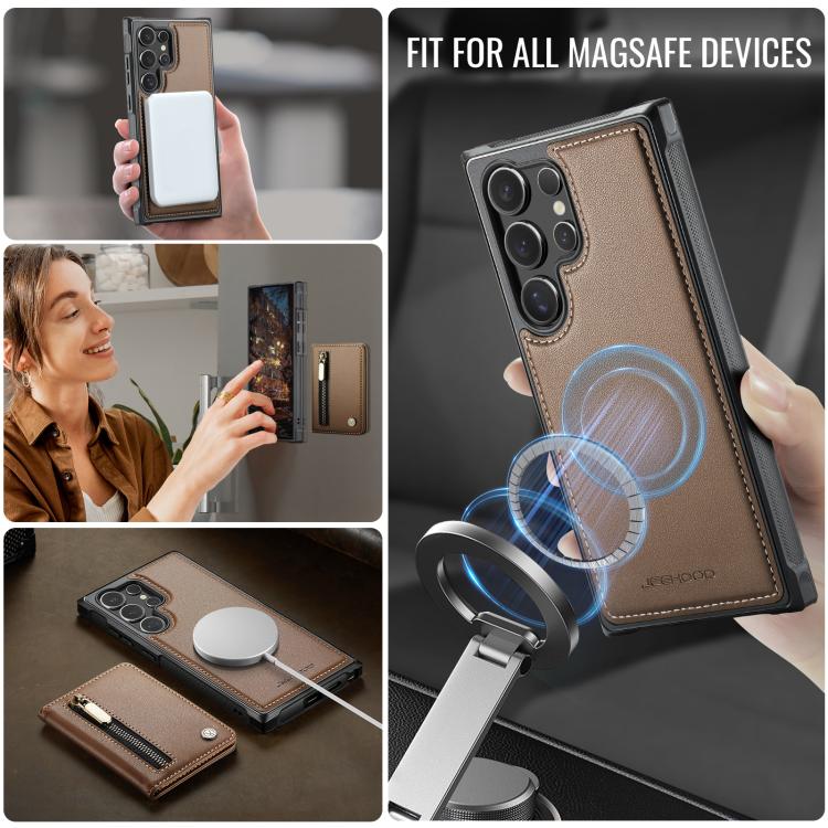 For Samsung Galaxy S25 Ultra 5G JEEHOOD J12 Exquisite RFID MagSafe Zipper Card Bag Phone Case