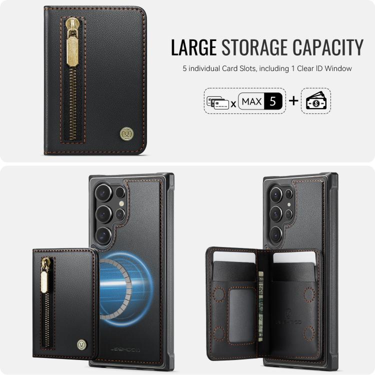 For Samsung Galaxy S25 Ultra 5G JEEHOOD J12 Exquisite RFID MagSafe Zipper Card Bag Phone Case