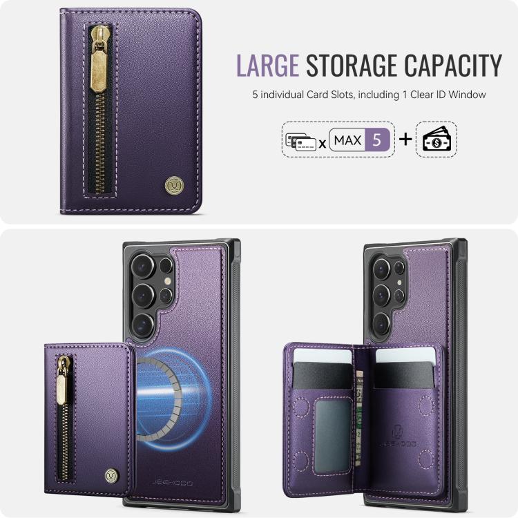 For Samsung Galaxy S24 Ultra 5G JEEHOOD J12 Exquisite RFID MagSafe Zipper Card Bag Phone Case