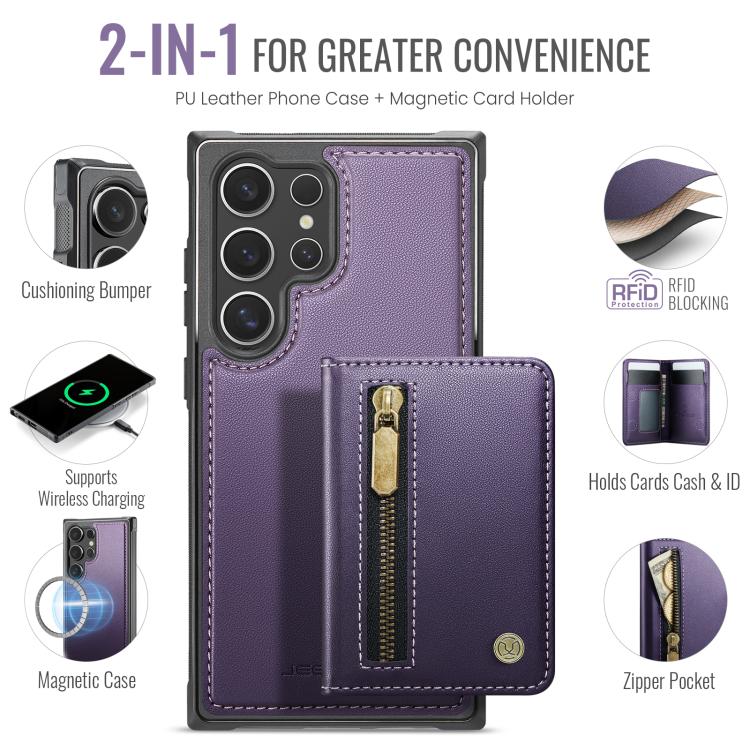 For Samsung Galaxy S26 Ultra 5G JEEHOOD J12 Exquisite RFID MagSafe Zipper Card Bag Phone Case