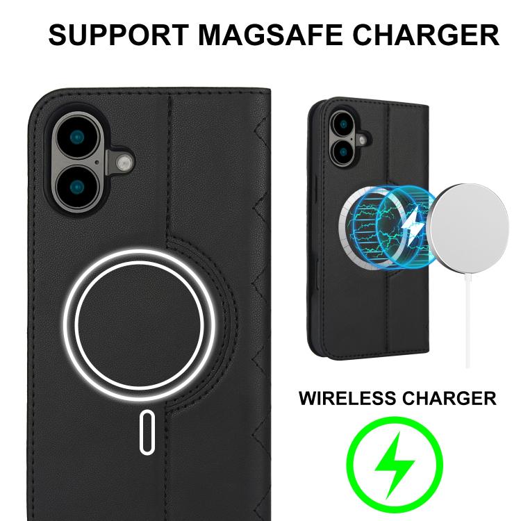 For iPhone 16 Rhombic MagSafe RFID Anti-Theft Wallet Leather Phone Case
