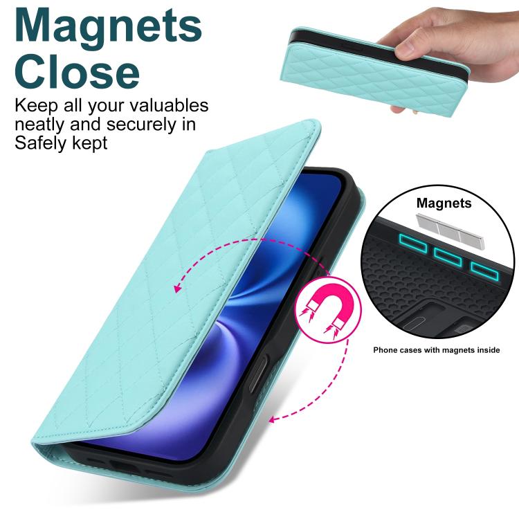 For iPhone 16 Rhombic MagSafe RFID Anti-Theft Wallet Leather Phone Case