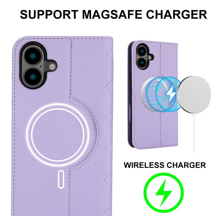 For iPhone 16 Rhombic MagSafe RFID Anti-Theft Wallet Leather Phone Case