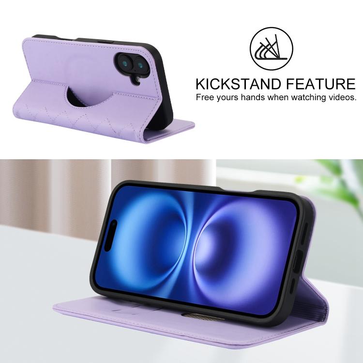 For iPhone 16 Rhombic MagSafe RFID Anti-Theft Wallet Leather Phone Case