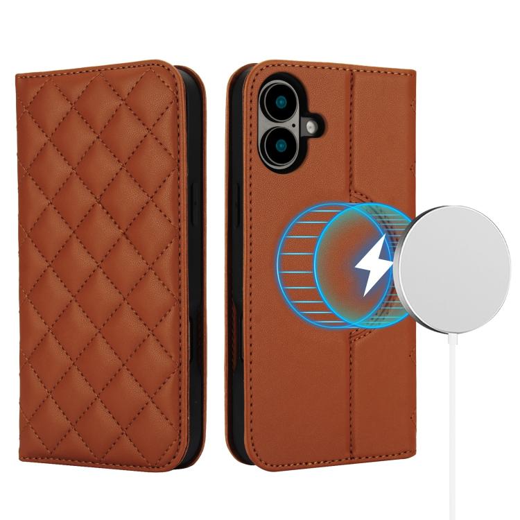 For iPhone 16 Rhombic MagSafe RFID Anti-Theft Wallet Leather Phone Case