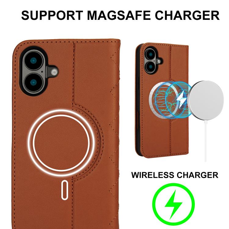 For iPhone 16 Rhombic MagSafe RFID Anti-Theft Wallet Leather Phone Case