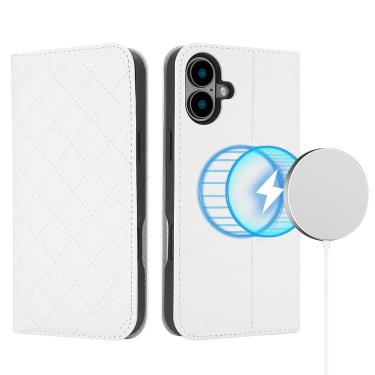For iPhone 16 Plus Rhombic MagSafe RFID Anti-Theft Wallet Leather Phone Case