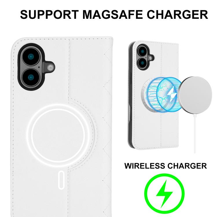 For iPhone 16 Plus Rhombic MagSafe RFID Anti-Theft Wallet Leather Phone Case