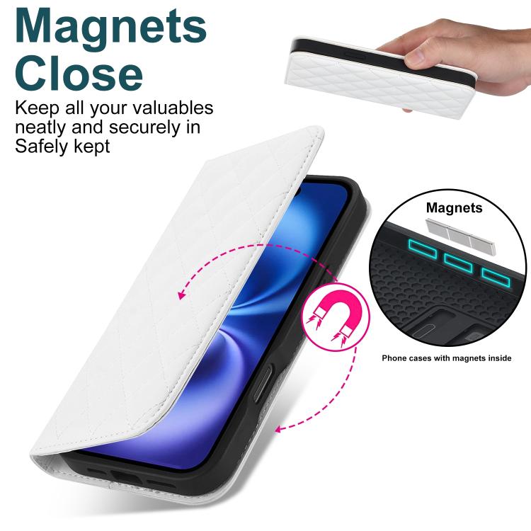 For iPhone 16 Plus Rhombic MagSafe RFID Anti-Theft Wallet Leather Phone Case