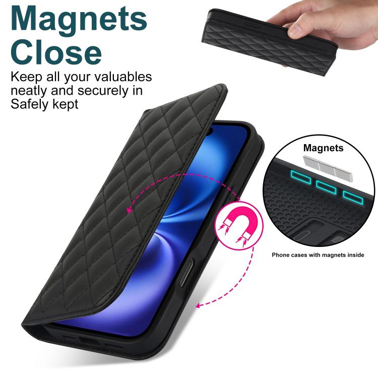 For iPhone 16 Plus Rhombic MagSafe RFID Anti-Theft Wallet Leather Phone Case